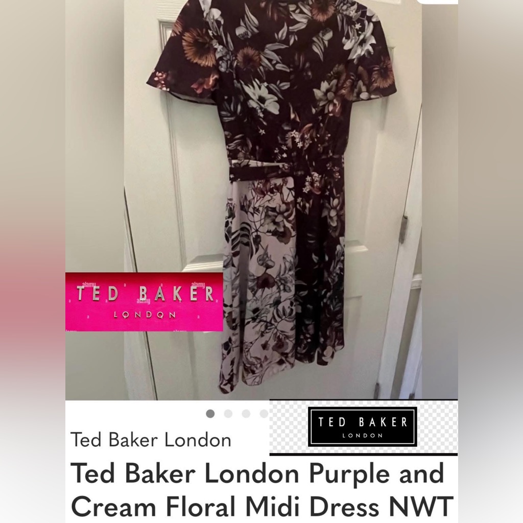 Ted Baker London Purple And Cream Floral Midi Dress Nwt